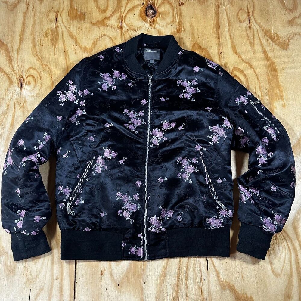 ASOS Black Floral Zip Bomber Jacket Medium
